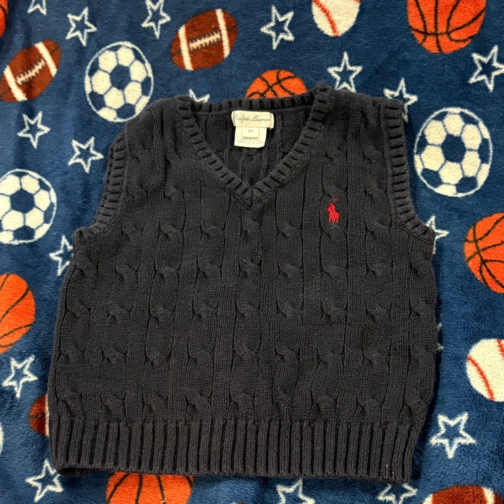 Ralph Lauren Black Cable Knit Vest with Red Logo